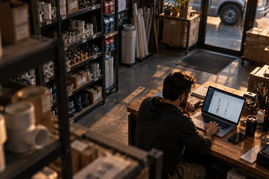 A shop owner checks inventory on a laptop